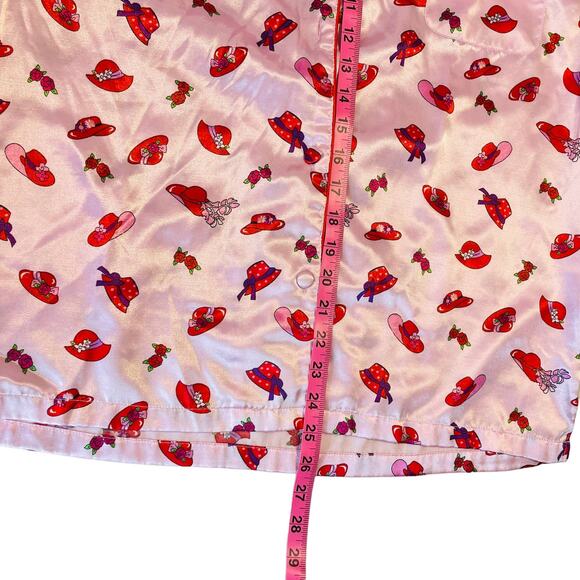 Robert Louis Pink Long Sleeve Satiny Button Closure Flowers Red Hats Top M - Picture 9 of 9